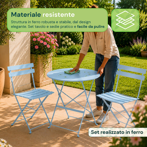 Set Tavolo e 2 Sedie Richiudibili in Ferro  da Giardino – Tavolo Rotondo ø 60cm e 2 Sedie Salvaspazio – Portata 150kg/100kg