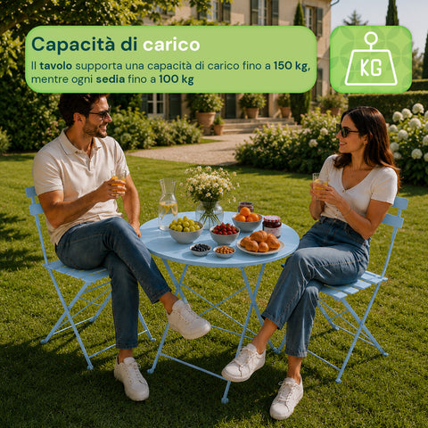 Set Tavolo e 2 Sedie Richiudibili in Ferro  da Giardino – Tavolo Rotondo ø 60cm e 2 Sedie Salvaspazio – Portata 150kg/100kg