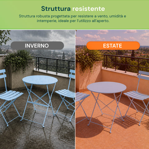Set Tavolo e 2 Sedie Richiudibili in Ferro  da Giardino – Tavolo Rotondo ø 60cm e 2 Sedie Salvaspazio – Portata 150kg/100kg
