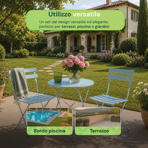 Set Tavolo e 2 Sedie Richiudibili in Ferro  da Giardino – Tavolo Rotondo ø 60cm e 2 Sedie Salvaspazio – Portata 150kg/100kg