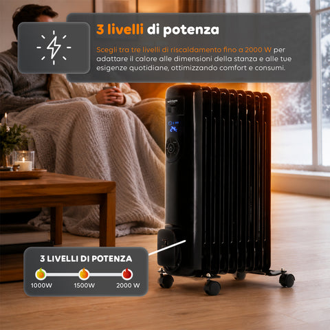 Radiatore Elettrico ad Olio 2000W 9 elementi con Regolazione 3 Livelli e Timer