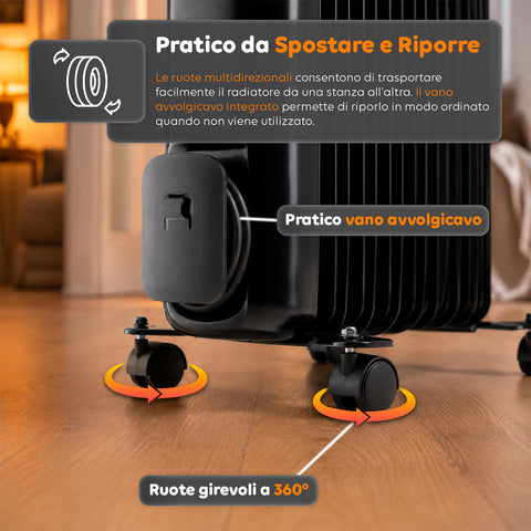 Radiatore Elettrico ad Olio 2000W 9 elementi con Regolazione 3 Livelli e Timer