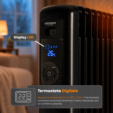 Radiatore Elettrico ad Olio 2000W 9 elementi con Regolazione 3 Livelli e Timer