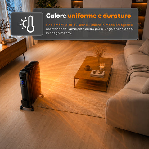 Radiatore Elettrico ad Olio 2000W 9 elementi con Regolazione 3 Livelli e Timer