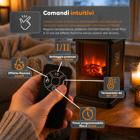 Caminetto Elettrico da Tavolo EIRA 1000W con Telecomando
