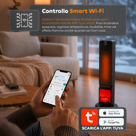 Stufa Elettrica Smart 2000W con APP Tuya, LED Display, Funzione ECO e Timer