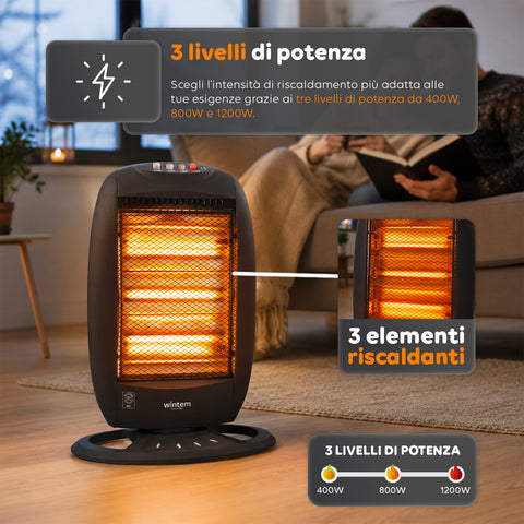 Tuck Stufa Alogena 1200W – 3 Elementi e Oscillazione Automatica