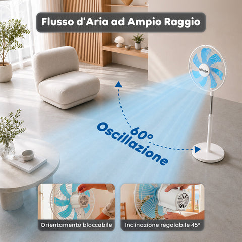 Ventilatore a Piantana 40W con  7 Pale in PP, 3 Velocità, Altezza Regolabile 80-100cm – Oscillazione Orizzontale 60° e Inclinazione 45°