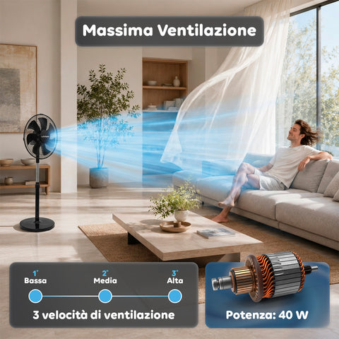 Ventilatore a Piantana 40W con  7 Pale, 3 Velocità, Altezza Regolabile 80-100cm