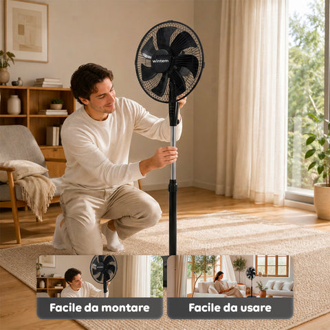 Ventilatore a Piantana 40W con  7 Pale in PP, 3 Velocità, Altezza Regolabile 80-100cm – Oscillazione Orizzontale 60° e Inclinazione 45°