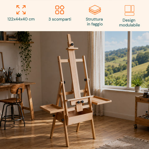 Cavalletto da Pittore in Faggio 122x44x40 cm con Altezza Regolabile