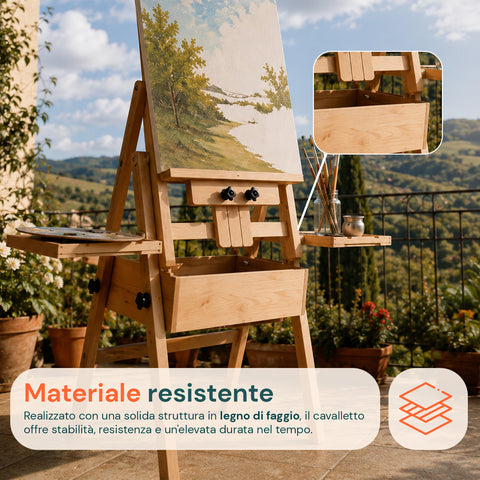 Cavalletto da Pittore in Faggio 122x44x40 cm con Altezza Regolabile