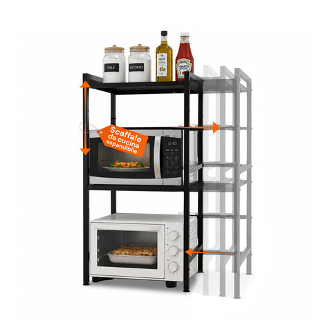 Scaffale da Cucina Espandibile a 3 Ripiani in Metallo e Legno con 6 Ganci Inclusi