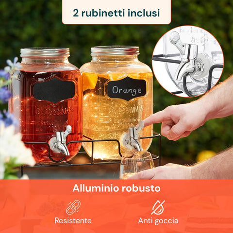 Set 2 Dispenser Bevande Vetro 4L  con Rubinetto e Supporto in Metallo