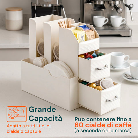 Organizer Porta Capsule Porta Cialde 9 Scomparti e 2 Cassetti Multiuso Bianco