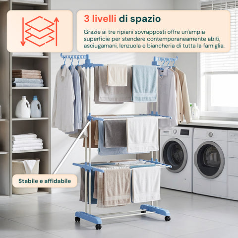 Stendibiancheria Verticale a 3 Livelli in Ferro e PP, Estensibile e con Ruote Pivottanti  –  L105xP64xA173cm, Portata 20kg