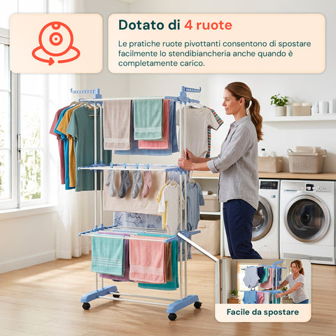 Stendibiancheria Verticale a 3 Livelli in Ferro e PP, Estensibile e con Ruote Pivottanti  –  L105xP64xA173cm, Portata 20kg
