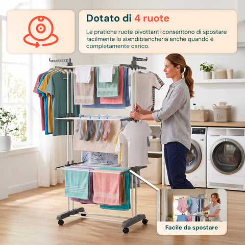 Stendibiancheria Verticale a 3 Livelli in Ferro e PP, Estensibile e con Ruote Pivottanti  –  L105xP64xA173cm, Portata 20kg