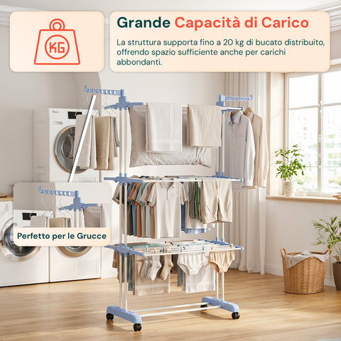 Stendibiancheria Verticale a 3 Livelli in Ferro e PP, Estensibile e con Ruote Pivottanti  –  L105xP64xA173cm, Portata 20kg