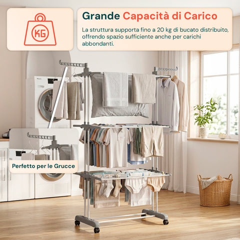 Stendibiancheria Verticale a 3 Livelli in Ferro e PP, Estensibile e con Ruote Pivottanti  –  L105xP64xA173cm, Portata 20kg
