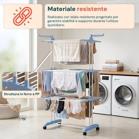 Stendibiancheria Verticale a 3 Livelli in Ferro e PP, Estensibile e con Ruote Pivottanti  –  L105xP64xA173cm, Portata 20kg