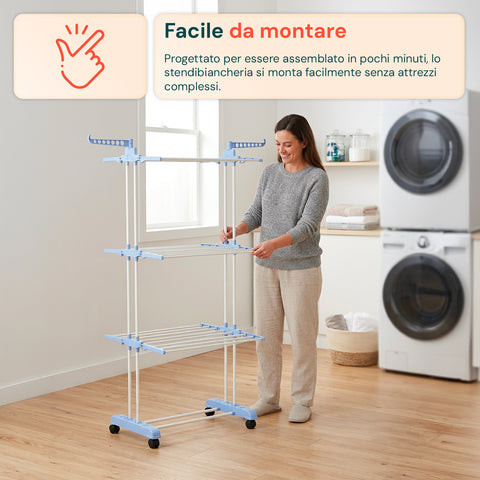 Stendibiancheria Verticale a 3 Livelli in Ferro e PP, Estensibile e con Ruote Pivottanti  –  L105xP64xA173cm, Portata 20kg
