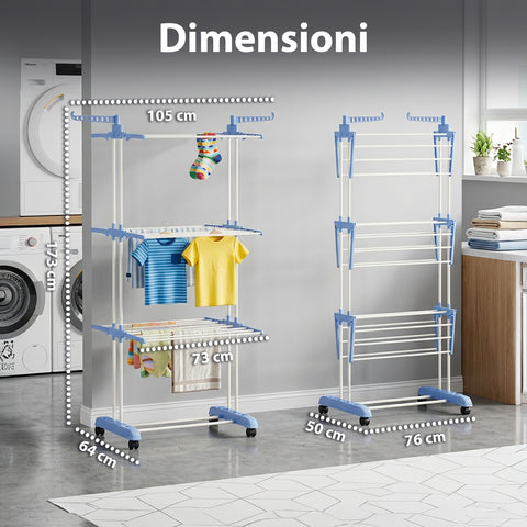 Stendibiancheria Verticale a 3 Livelli in Ferro e PP, Estensibile e con Ruote Pivottanti  –  L105xP64xA173cm, Portata 20kg