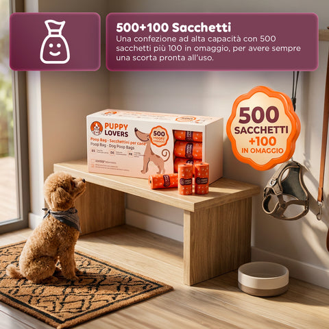 600 Sacchetti per Cani Biodegradabili per Bisogni – Formato Scorta 500+100 Omaggio – 40 Rotoli da 15 Sacchetti – Dimensioni 22x33cm Spessore  0,01 mm