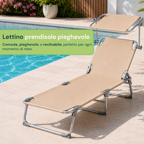 Lettino Prendisole Pieghevole in Tessuto Oxford – Rinforzi in Alluminio, Parasole Girevole 360° e Schienale Reclinabile 0-60° – Portata 100kg