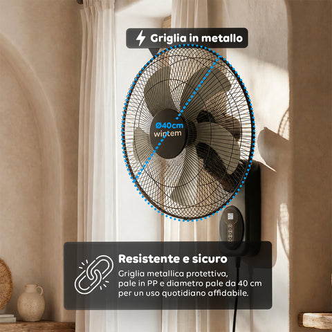 Barrow Ventilatore da Parete Nero 40cm 60W - 8 Velocità con Telecomando e Timer 9h - Oscillazione 120° e Inclinazione 30°