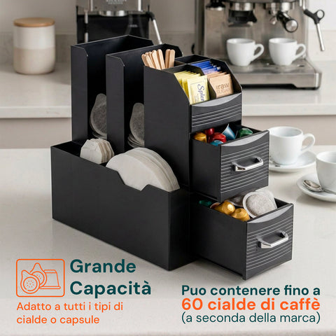 Organizer Porta Capsule Porta Cialde 9 Scomparti e 2 Cassetti Multiuso Nero