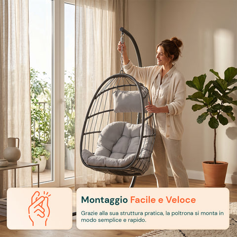 Poltrona Sospesa da Giardino Richiudibile con Cuscini Imbottiti  in Acciaio Zincato e Effetto Rattan -  Portata 160kg