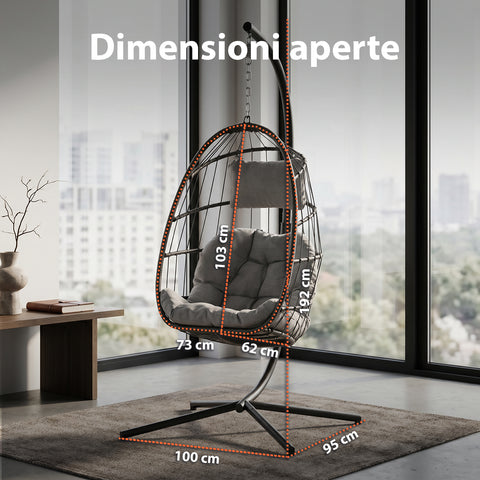 Poltrona Sospesa da Giardino Richiudibile con Cuscini Imbottiti  in Acciaio Zincato e Effetto Rattan -  Portata 160kg