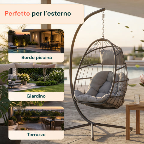 Poltrona Sospesa da Giardino Richiudibile con Cuscini Imbottiti  in Acciaio Zincato e Effetto Rattan -  Portata 160kg