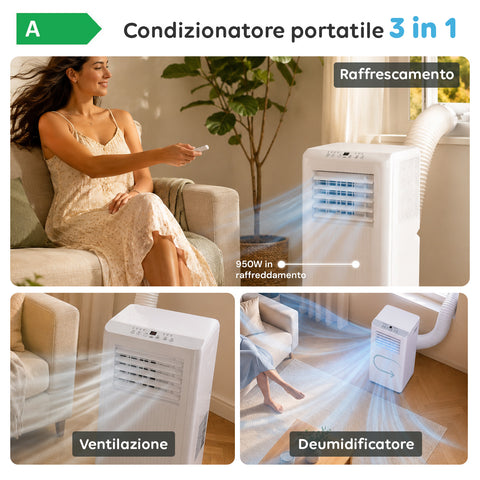 Condizionatore Portatile 9000 BTU 3 in 1 in ABS con Telecomando (Classe A R290), 895W + Timer 24h