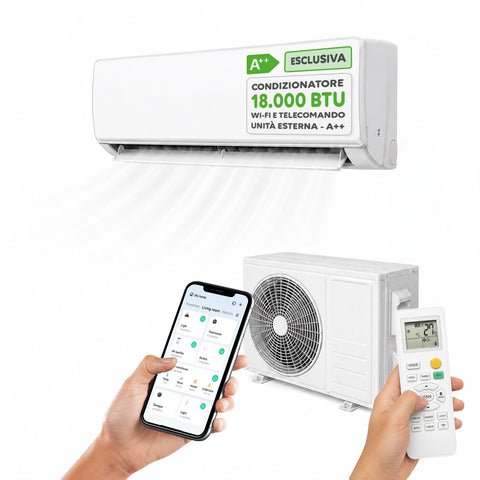 Climatizzatore 9000/12000/18000 BTU, A+/A++, Gas R32, Wi-Fi, Unità Interna ed Esterna, Display LED