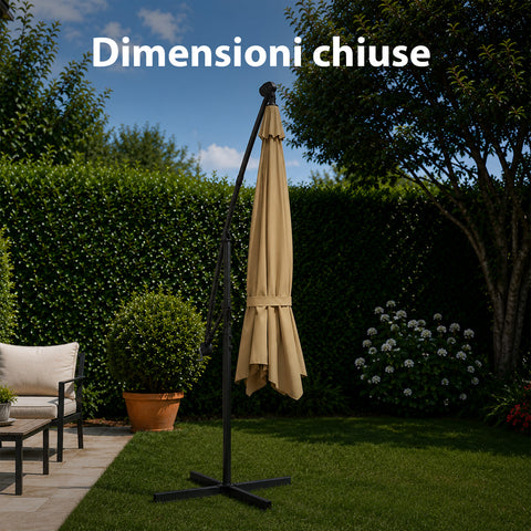 Ombrellone Rotondo Ø3m Decentrato Braccio Laterale in Acciaio, Manovella, Poliestere 180gr Impermeabile UV per Giardino e Terrazzo