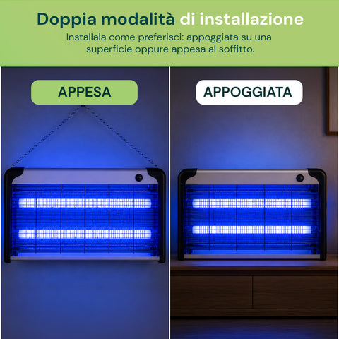 Lampada Insetticida Elettrica 30W Copertura 60m² con Vassoio Rimovibile,  Zanzariera UV LED 8700h Cavo 1 mt e Catena per Fissaggio