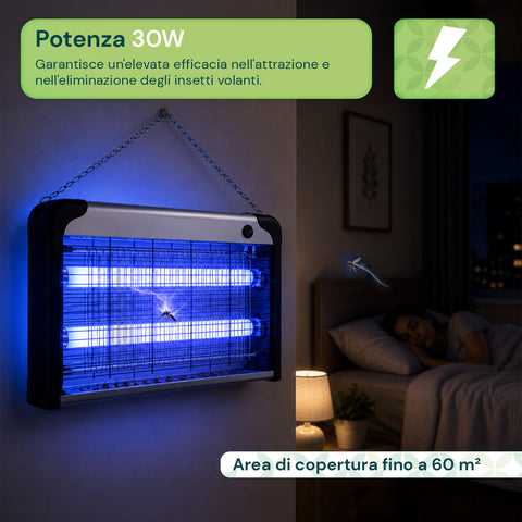 Lampada Insetticida Elettrica 30W Copertura 60m² con Vassoio Rimovibile,  Zanzariera UV LED 8700h Cavo 1 mt e Catena per Fissaggio