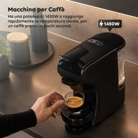 Macchina Caffè Espresso 4 in 1 – Capsule Nespresso, Dolce Gusto, Modo Mio e Macinato 19 Bar, 1450W, Serbatoio 0,6L, Spegnimento Automatico