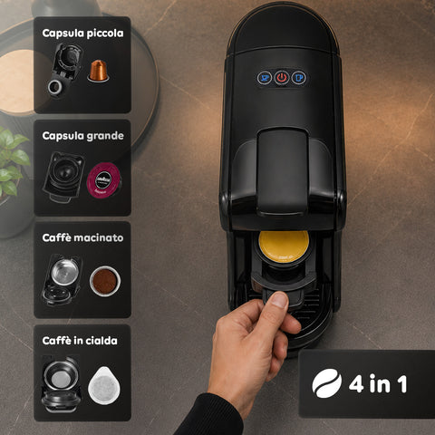 Macchina Caffè Espresso 4 in 1 – Capsule Nespresso, Dolce Gusto, Modo Mio e Macinato 19 Bar, 1450W, Serbatoio 0,6L, Spegnimento Automatico