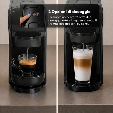 Macchina Caffè Espresso 4 in 1 – Capsule Nespresso, Dolce Gusto, Modo Mio e Macinato 19 Bar, 1450W, Serbatoio 0,6L, Spegnimento Automatico