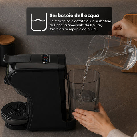 Macchina Caffè Espresso 4 in 1 – Capsule Nespresso, Dolce Gusto, Modo Mio e Macinato 19 Bar, 1450W, Serbatoio 0,6L, Spegnimento Automatico