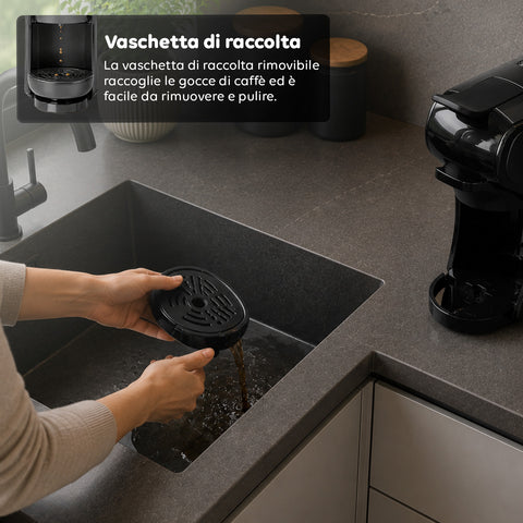 Macchina Caffè Espresso 4 in 1 – Capsule Nespresso, Dolce Gusto, Modo Mio e Macinato 19 Bar, 1450W, Serbatoio 0,6L, Spegnimento Automatico