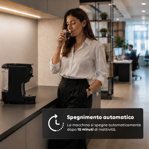 Macchina Caffè Espresso 4 in 1 – Capsule Nespresso, Dolce Gusto, Modo Mio e Macinato 19 Bar, 1450W, Serbatoio 0,6L, Spegnimento Automatico