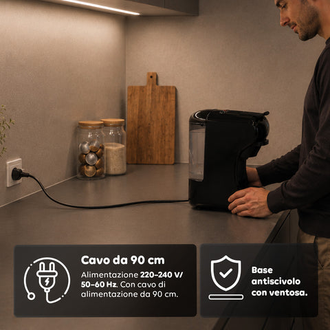 Macchina Caffè Espresso 4 in 1 – Capsule Nespresso, Dolce Gusto, Modo Mio e Macinato 19 Bar, 1450W, Serbatoio 0,6L, Spegnimento Automatico