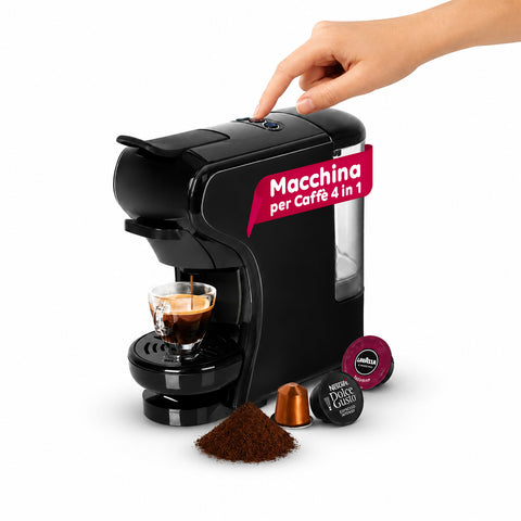 Macchina Caffè Espresso 4 in 1 – Capsule Nespresso, Dolce Gusto, Modo Mio e Macinato 19 Bar, 1450W, Serbatoio 0,6L, Spegnimento Automatico