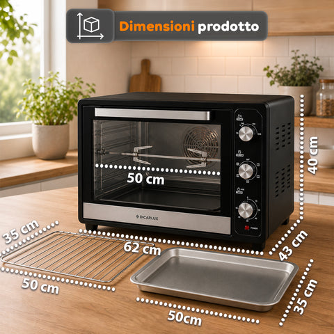 Forno Elettrico Ventilato 66 Litri 2200 Watt con Girarrosto e Accessori 5 Modalità di Cottura
