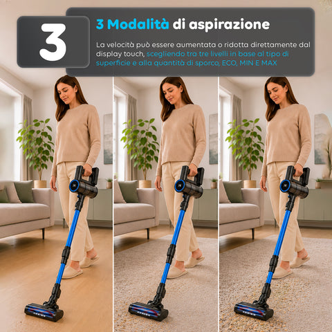Scopa Elettrica Aspirapolvere Cordless 2in1 250W con Filtro HEPA e Autonomia fino a 40 Minuti