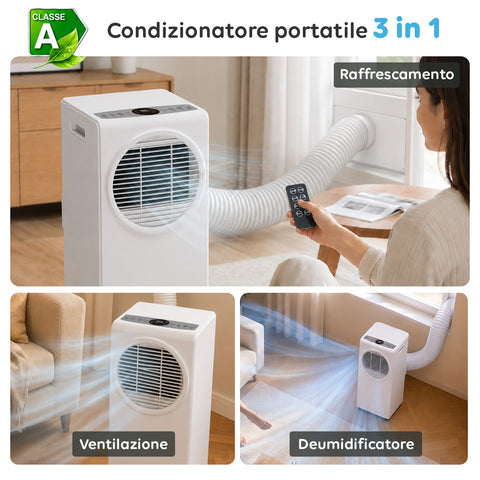 Condizionatore Portatile 9000 BTU 3 in 1 in ABS con Telecomando (Classe A R290), 895W + Timer 24h